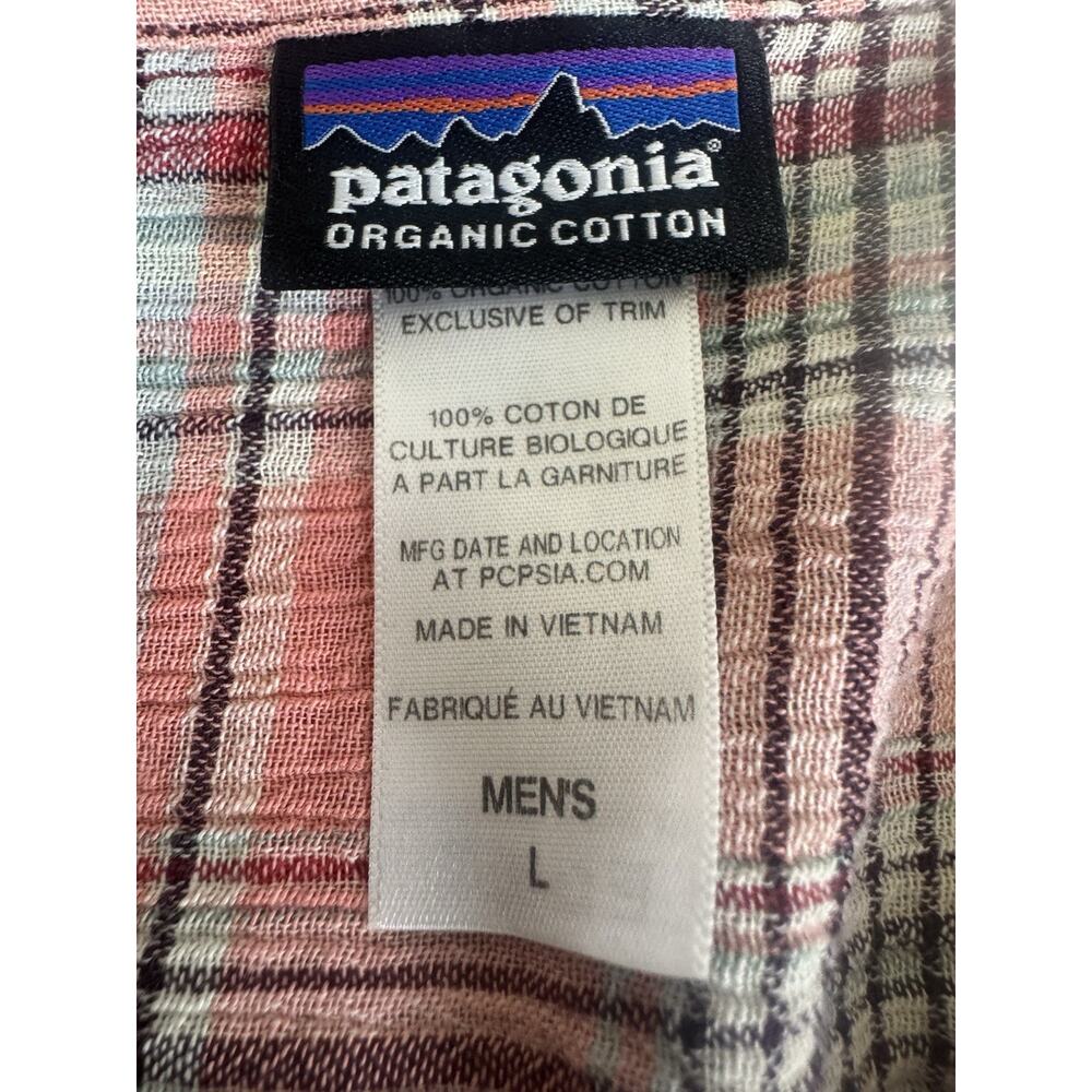 Patagonia A/C Shirt Mens Large Peach Plaid Organic Cotton Crinkle Button Up - Picture 13 of 13
